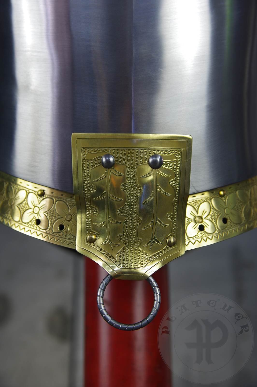 My interpretation of a tournament helm based on the Henry V helm - part of his funeral achievement from Westminster Abbey. It represents an early style of jousting helm dated for 1380-1420. It is composed of five primary plates: rear plate, brown plate, crown plate, face plate and monstrous thick reinforcing plate in front.