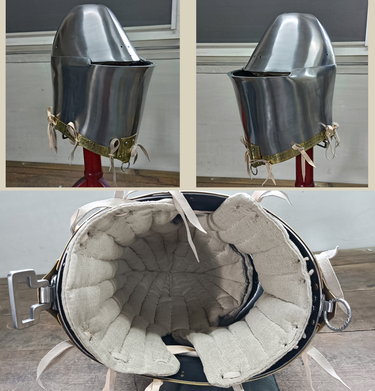 My interpretation of a tournament helm based on the Henry V helm - part of his funeral achievement from Westminster Abbey. It represents an early style of jousting helm dated for 1380-1420. It is composed of five primary plates: rear plate, brown plate, crown plate, face plate and monstrous thick reinforcing plate in front.