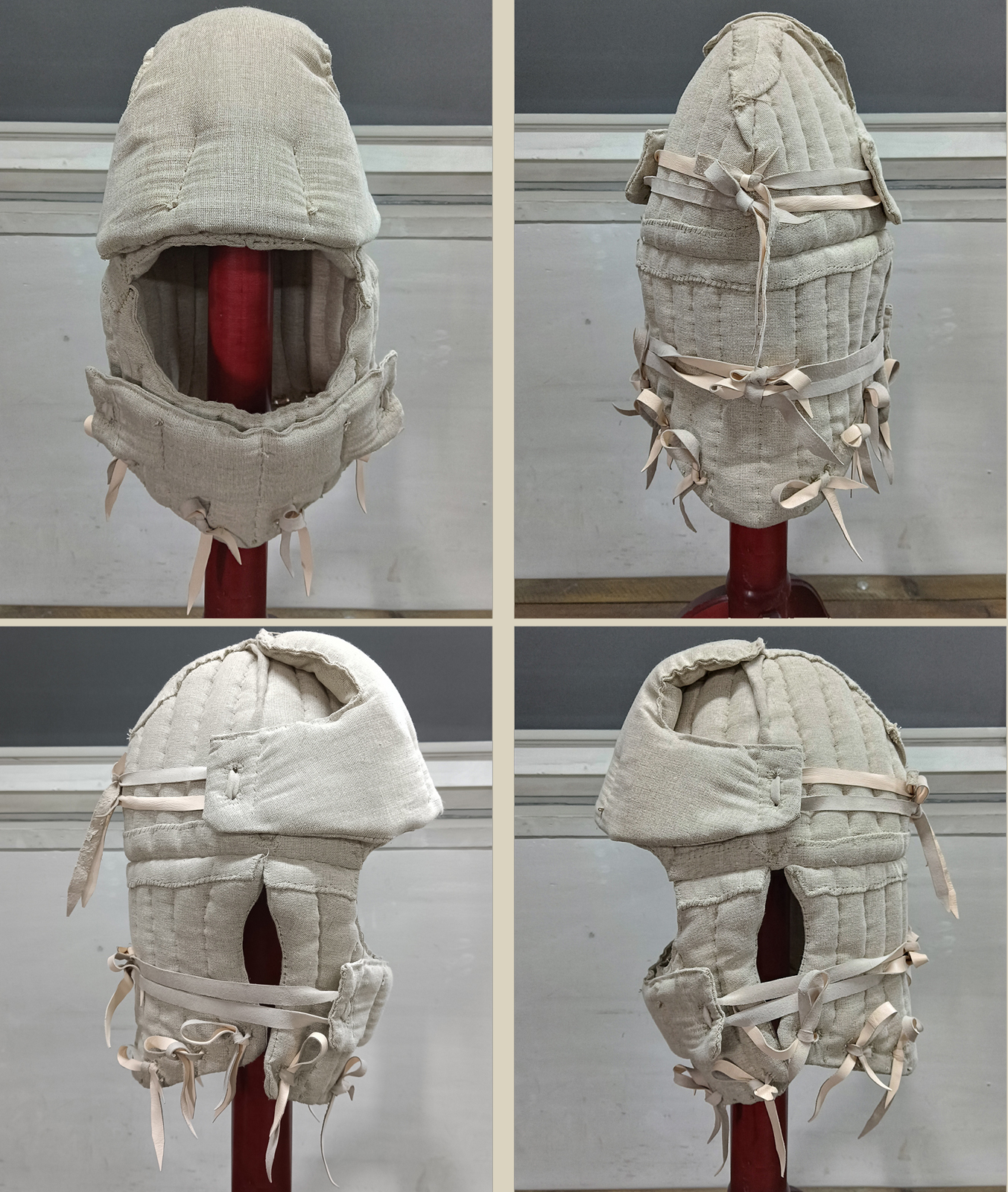 My interpretation of a tournament helm based on the Henry V helm - part of his funeral achievement from Westminster Abbey. It represents an early style of jousting helm dated for 1380-1420. It is composed of five primary plates: rear plate, brown plate, crown plate, face plate and monstrous thick reinforcing plate in front.