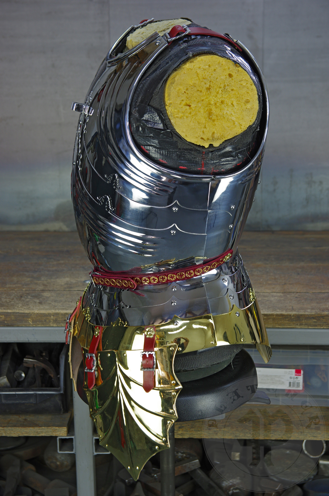 The high gothic set circa 1480-1485 in Helmschmied style consists of sallet, bevor and cuirass. They are made of steel in various thickness: 2 mm; 1,5 mm and 1,2 mm and heat hardened and tempered up to 42 HRC for cuirass with bevor and 38 HRC for sallet. The visor, lower lames and tassets are brass gilded. I also crafted handmade steel buckles for this set. Overall it involved around 850 of work hours to make it.