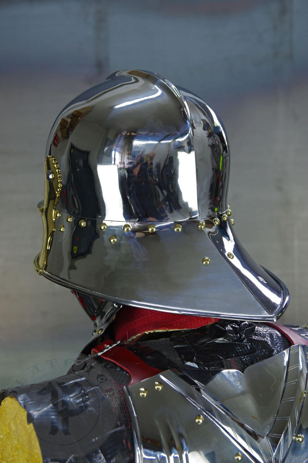 The high gothic set circa 1480-1485 in Helmschmied style consists of sallet, bevor and cuirass. They are made of steel in various thickness: 2 mm; 1,5 mm and 1,2 mm and heat hardened and tempered up to 42 HRC for cuirass with bevor and 38 HRC for sallet. The visor, lower lames and tassets are brass gilded. I also crafted handmade steel buckles for this set. Overall it involved around 850 of work hours to make it.