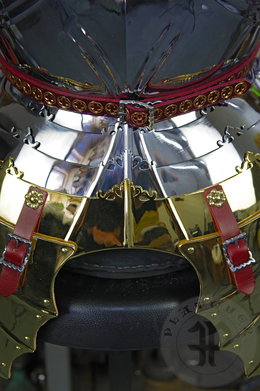 The high gothic set circa 1480-1485 in Helmschmied style consists of sallet, bevor and cuirass. They are made of steel in various thickness: 2 mm; 1,5 mm and 1,2 mm and heat hardened and tempered up to 42 HRC for cuirass with bevor and 38 HRC for sallet. The visor, lower lames and tassets are brass gilded. I also crafted handmade steel buckles for this set. Overall it involved around 850 of work hours to make it.